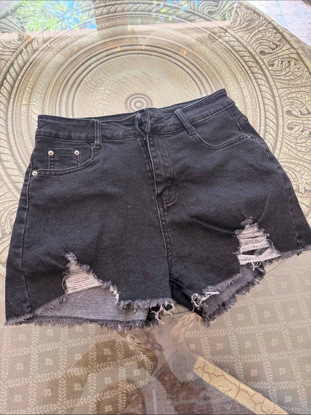 Classic High-Rise Distressed Black Denim Shorts